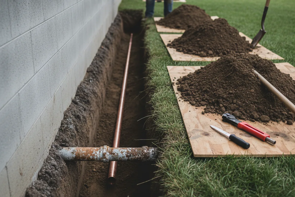 Excavated water line trench during Sewer Line Repair in Leckrone